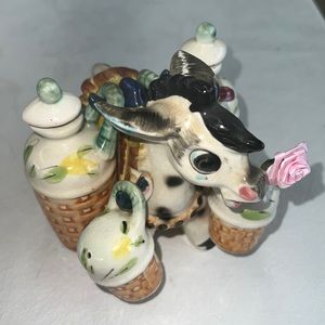 Vintage Burro w/Cream & Sugar Holder/Salt & Pepper Shaker; 3 Pieces Altogether.
